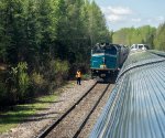 Meeting the eastbound Canadian at a passing siding in the Canadian Shielf